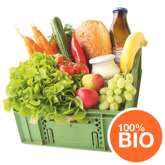 BIO-Kiste mit frischen Gemüse, Obst und Lebensmitteln – 100% Bio Qualität.