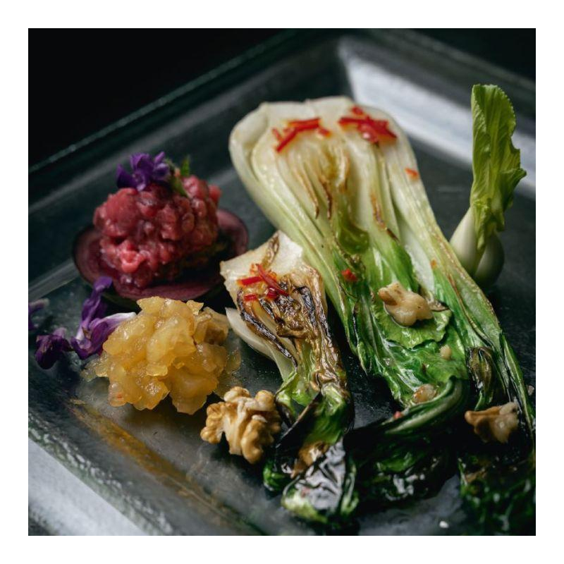 Pak Choi gebraten mit Kartoffelstapf und Apfelchut