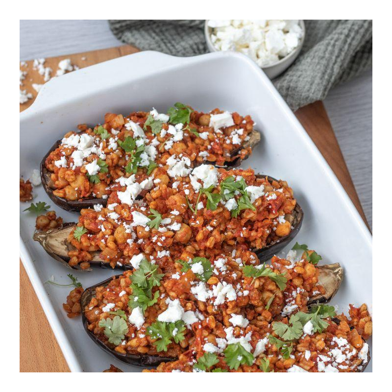 Gefüllte Aubergine mit Dinkelreis
